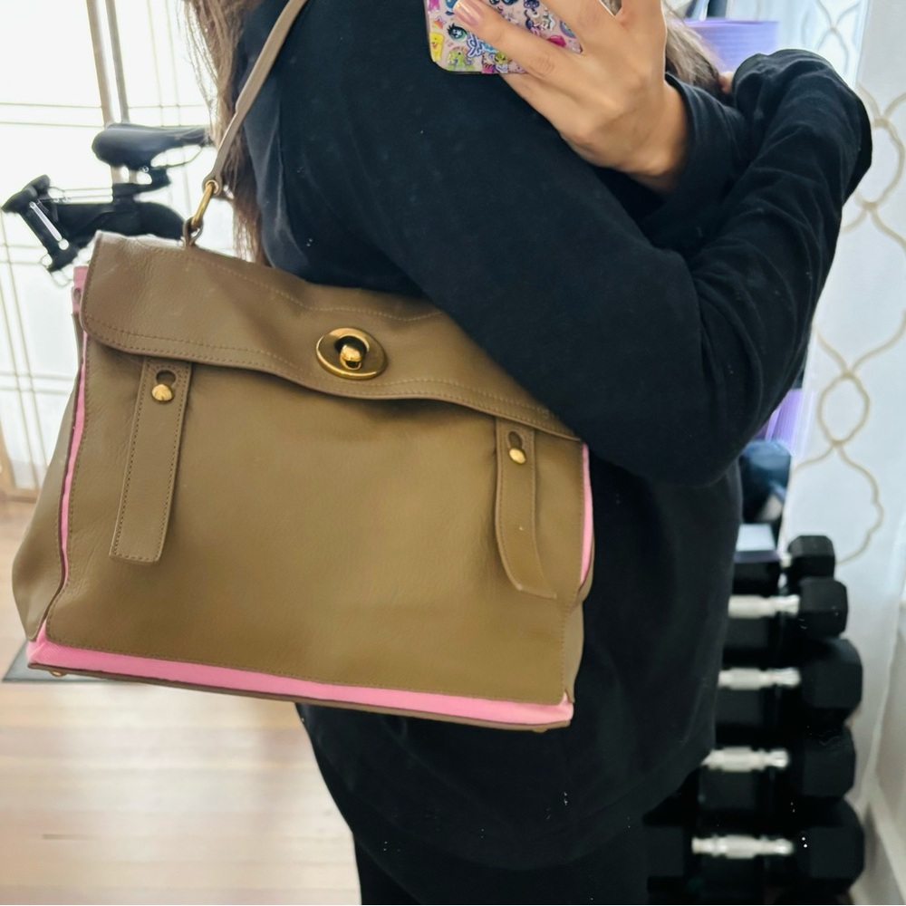 Yves Saint Laurent Olive Green Leather Shoulder Bag with Pink Trim